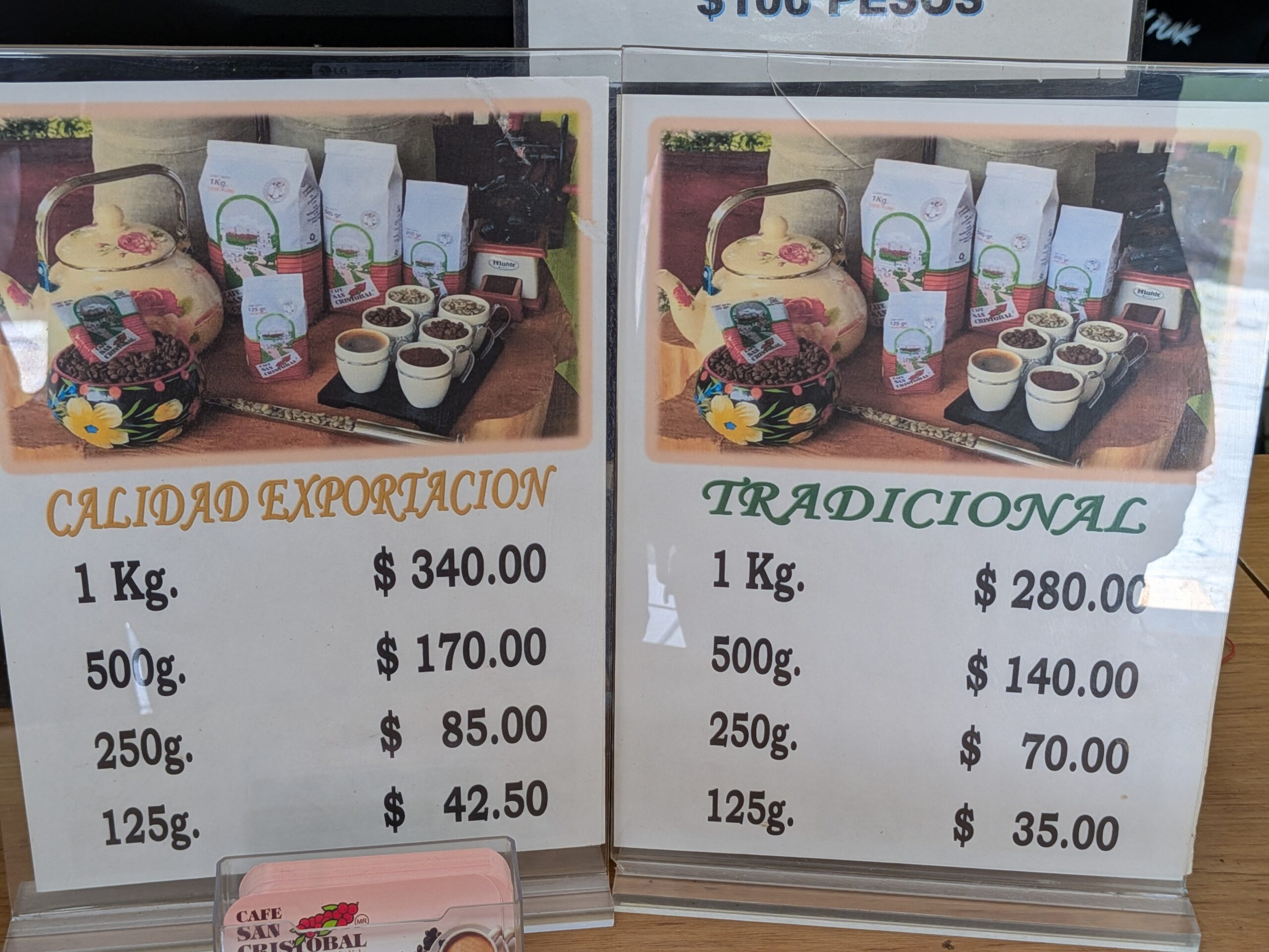 Café San Cristóbal 販售的咖啡豆品項與價格表。